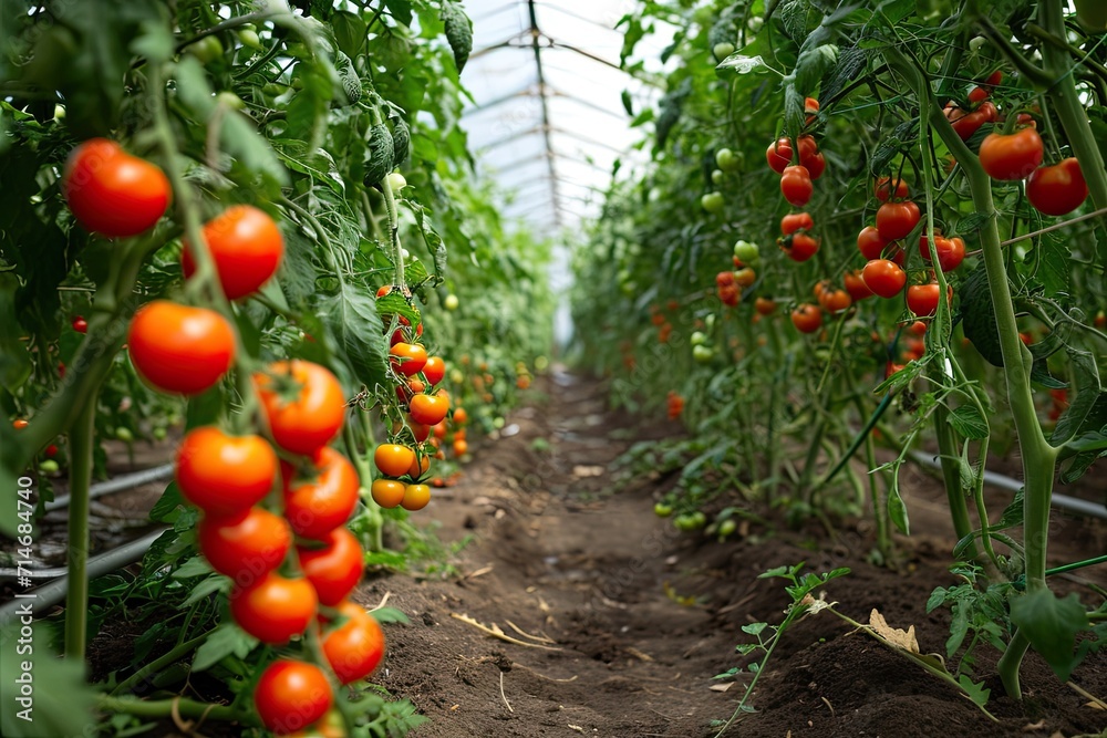 Wall mural fresh organic ripe tomatoes branch growing in greenhouse