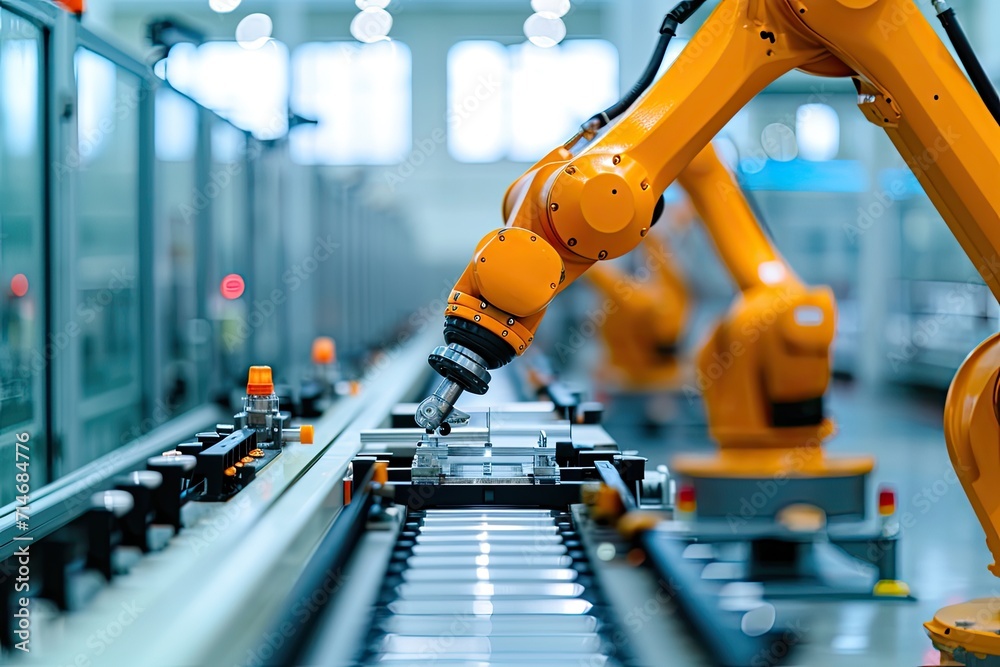 Leinwandbilder Robotic arm for electronic assembly line. Smart modern factory automation using advanced machines.