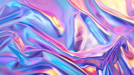 Iridescent chrome wavy gradient cloth fabric abstract background, ultraviolet holographic texture.