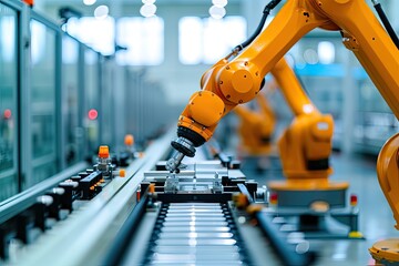 Robotic arm for electronic assembly line. Smart modern factory automation using advanced machines.