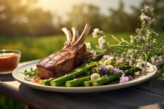Savor the fine dining experience with a stock image of a tasty rack of lamb on a pan in a spring garden.