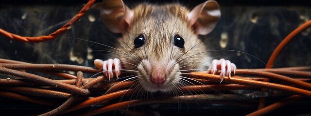 the rat eats and bites the wiring cable - obrazy, fototapety, plakaty