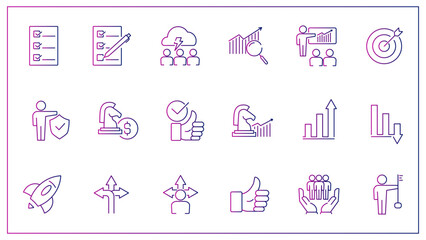 Business management line gradient icon set. Graph, target, chart. Business concept. Can be used for topics like finance, management, strategy