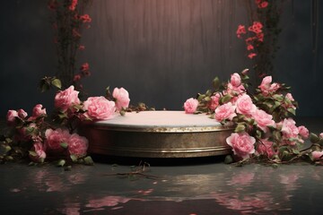 Fototapeta na wymiar Round podium adorned with flowers and water.