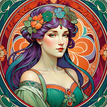 Vector illustration, art nouveau style with floral pattern in retro vintage style with decorative ornaments, illustration with a beautiful girl (different nationalities) in art nouveau style, circle o
