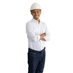 close up indian engineer man smile while open blueprint of building project isolated on transparent background for civil and construction commercial concept