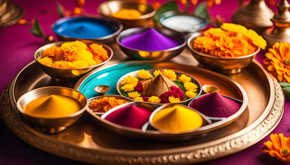 Traditional Indian Thali puja with marigolds, lit candle, incense and bokeh, Indian holidays,