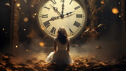 Foto op Canvas Surreal moment of a woman standing in front of clock. Watching destiny with the time passing. Generative Ai. © Peachaya