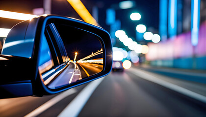 View of the side mirror from the rear of a business class car driving along the line at high speed. A car rushes along the highway in the city at night, - Powered by Adobe