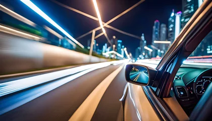 Tuinposter Snelweg bij nacht View of the side mirror from the rear of a business class car driving along the line at high speed. A car rushes along the highway in the city at night,