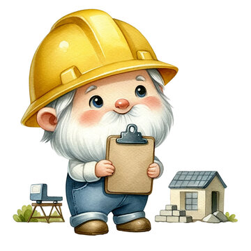 Watercolor gnome in construction building occupation 
