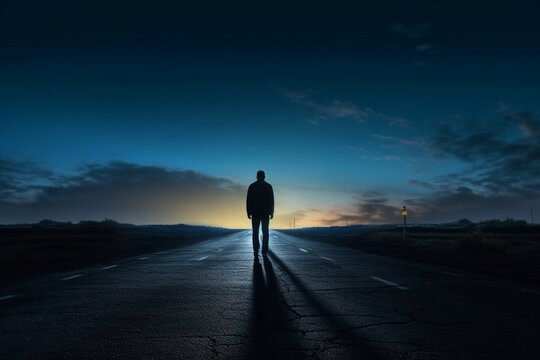 Silhouetted man on an isolated and empty road.