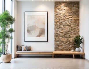 Wild stone cladding wall in bright hallway. Wooden bench near white wall with big poster frame against panoramic window. Luxury home interior design of modern entrance hall