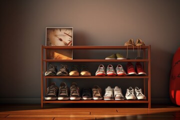 Shoe rack displayed indoors in a still life setting.