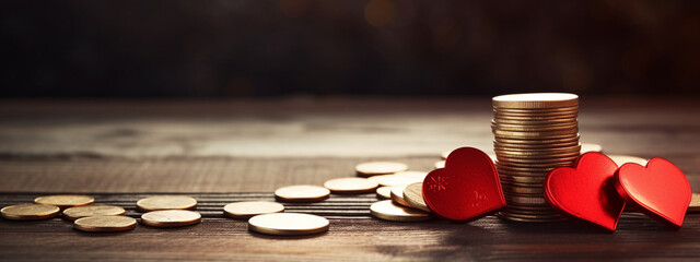 hearts and coins on a wooden background. the concept of funds for treatment - obrazy, fototapety, plakaty