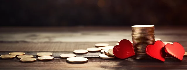 Fotobehang hearts and coins on a wooden background. the concept of funds for treatment © Артур Комис