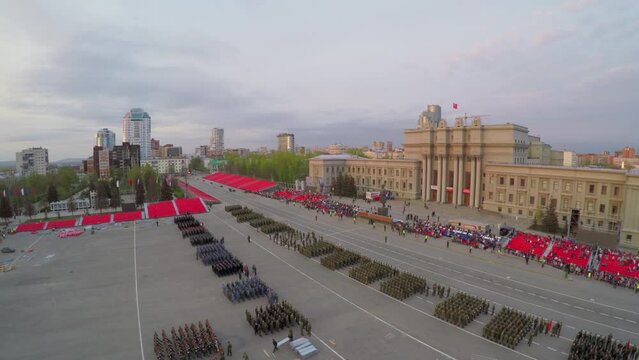Troops formations on square during rehearsal of parade