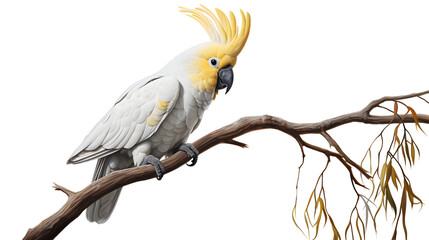 Yellow-crested cockatoo (Cacatua sulphurea) perched on a tree branch isolated clipping path
