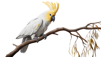 Yellow-crested cockatoo (Cacatua sulphurea) perched on a tree branch isolated clipping path