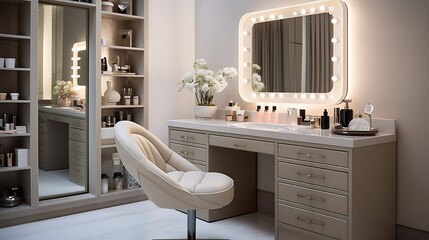 A vanity area with a makeup mirror and storage for beauty products.