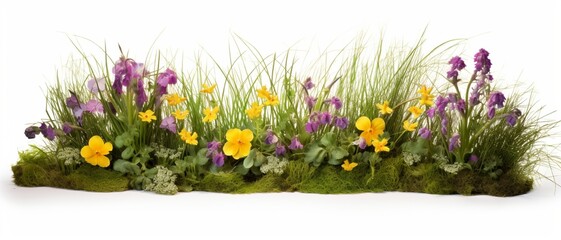 spring grass and flowers isolated with clipping path for easy isolation