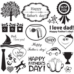 Happy Father's day. Collection of black design elements isolated on White background.  Vector illustration