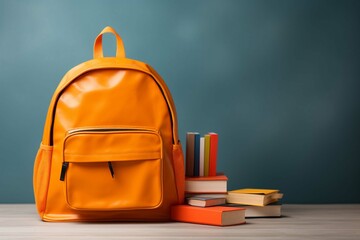 Orange backpack with school supplies on table. Back to school concept