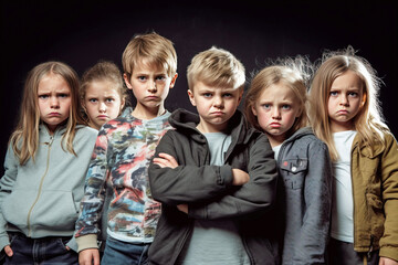 Group of problematic aggressive children girls boys, teenager emotionally screams in anger.