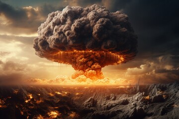 Scary apocalyptic scene with a nuclear bomb explosion and mushroom cloud.