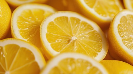 A close-up of freshly cut lemons filled with vibrant yellow tones, highlighting the fruit's texture and juiciness, evoking a sense of freshness and vitality.