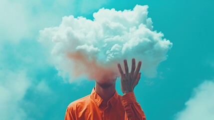 A surreal composition featuring a person with a cloud for a head, reaching up towards the sky, representing concepts such as dreaming, imagination, and creativity. - obrazy, fototapety, plakaty