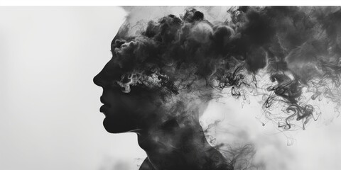Double exposure abstract background of woman face and smokes. Mental health, depression, stress, overwork, anxiety issues concept - obrazy, fototapety, plakaty