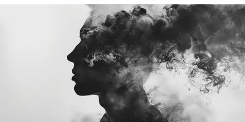 Foto op Canvas Double exposure abstract background of woman face and smokes. Mental health, depression, stress, overwork, anxiety issues concept © RMedia