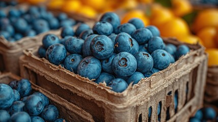 A close-up of fresh blueberries in a rustic container, with vivid colors and detailed textures highlighting the fruit's natural appeal.