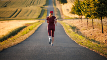 Road running. Woman wearing burgundy sportswear and runs outdoors. Fitness, jogging and sports...
