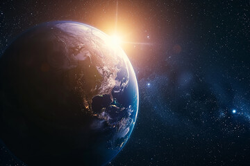 Naklejka premium The planet earth and sun light view from space 