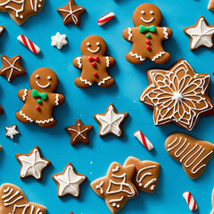 Pattenr of gingerbread cookies and sweets on blue background - Seamless tile