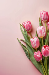 Pink tulips, spring flowers on pink background. Women's Day, Mother's Day, Valentine's Day vertical post template,  background, copy space, top down. Generative AI.