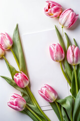 Pink tulips, spring flowers with blank card on white background. Women's Day, Mother's Day, Valentine's Day vertical post template,  background, copy space, top down. Generative AI.