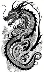 Fototapeta premium Vector illustration, Asian (Chinese) dragon tattoo template, Asian patterns and ornaments, hand drawn sketch, Asian (Chinese) dragon mask, backgrounds for smartphone,
