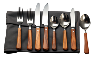 Set with Foldable Fork, Spoons, and Knives for Portable Dining on a White or Clear Surface PNG Transparent Background.