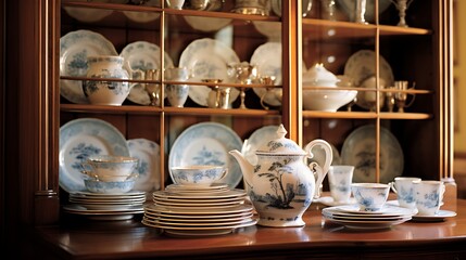 A display of antique china in the formal dining room.