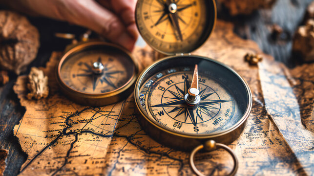 Vintage compass and map for travel and exploration background.