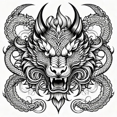 Vector illustration, Asian (Chinese) dragon tattoo template, Asian patterns and ornaments, hand drawn sketch, Asian (Chinese) dragon mask,