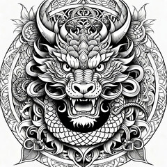 Fototapeta premium Vector illustration, Asian (Chinese) dragon tattoo template, Asian patterns and ornaments, hand drawn sketch, Asian (Chinese) dragon mask,