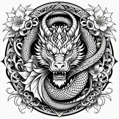 Vector illustration, Asian (Chinese) dragon tattoo template, Asian patterns and ornaments, hand drawn sketch, Asian (Chinese) dragon mask,