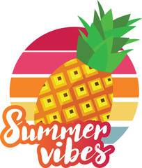Summer vibes pineapple with retro sun background