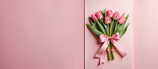 Obraz premium Pink tulips bouqet, spring flowers with pink ribbon bow, on pink background card. Women's Day, Mother's Day, Valentine's Day panoramic banner, background, copy space, top down. Generative AI.