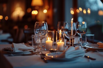 Elegant table setting with candles in restaurant. Selective focus. Romantic dinner setting with candles on table in a restaurant.