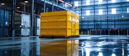 A yellow metal container for oil containment is in an industrial warehouse. - obrazy, fototapety, plakaty
